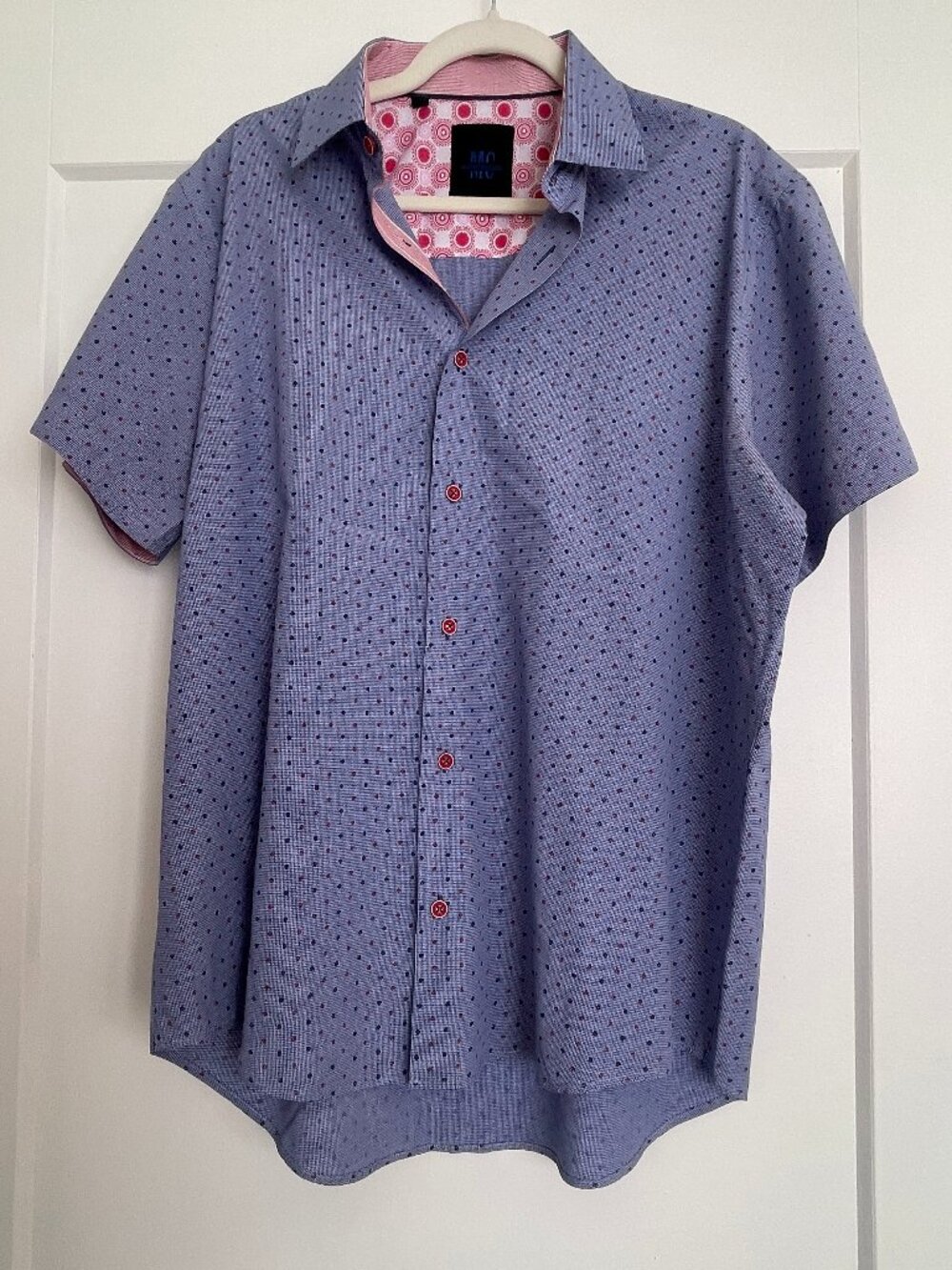 Mizumi Collezione Men's Blue Pink Micro Dot Contrast Short Sleeve Shirt Size L